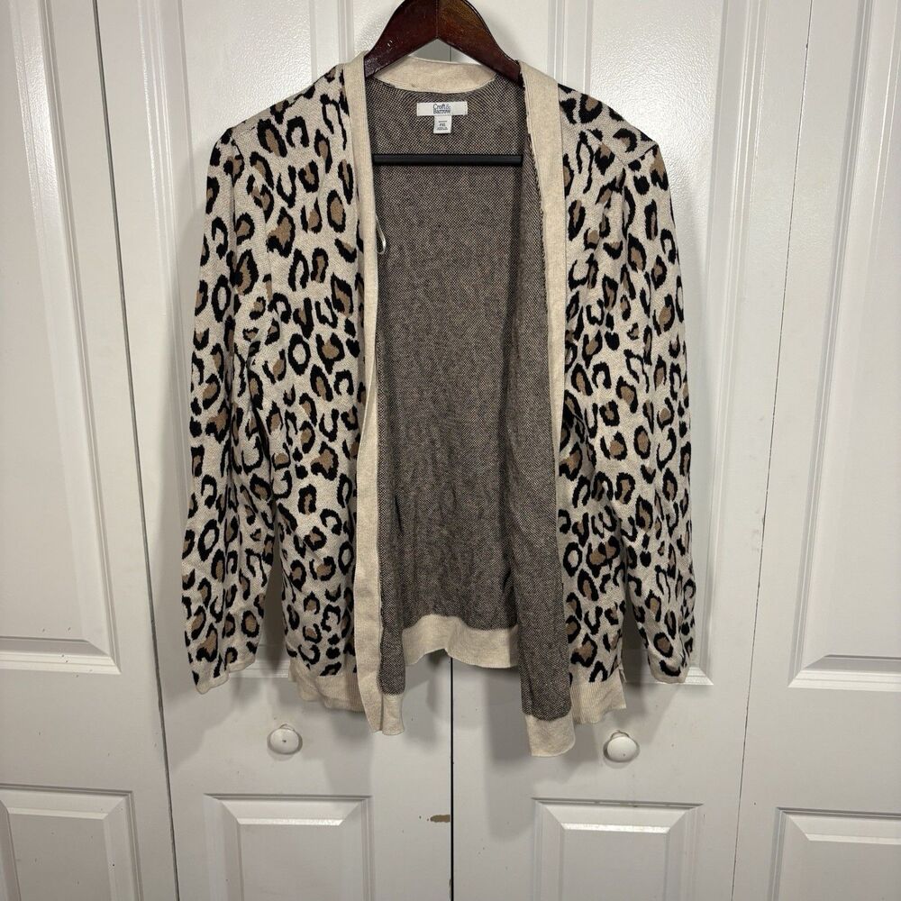 Croft & Barrow Womens PXL Leopard Print Open Front Cardigan Sweater Neutral